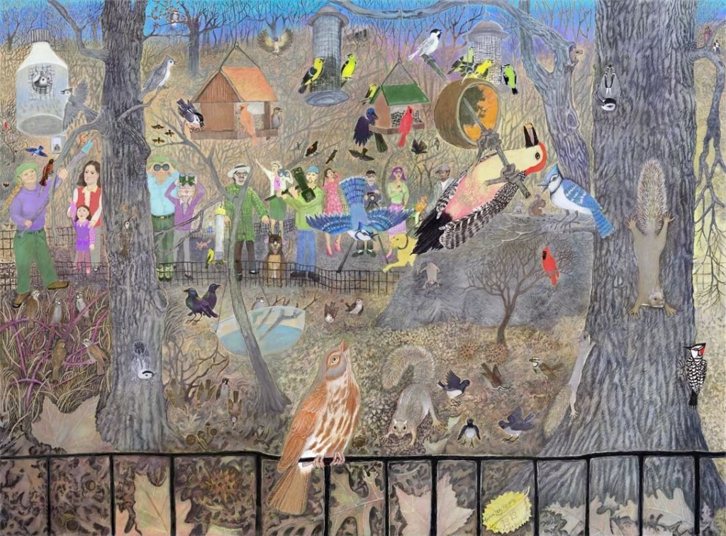 An undated painting by Lee Rogers, also known as Elise Bainbridge Hill, is titled “Central Park Bird Feeders.”
